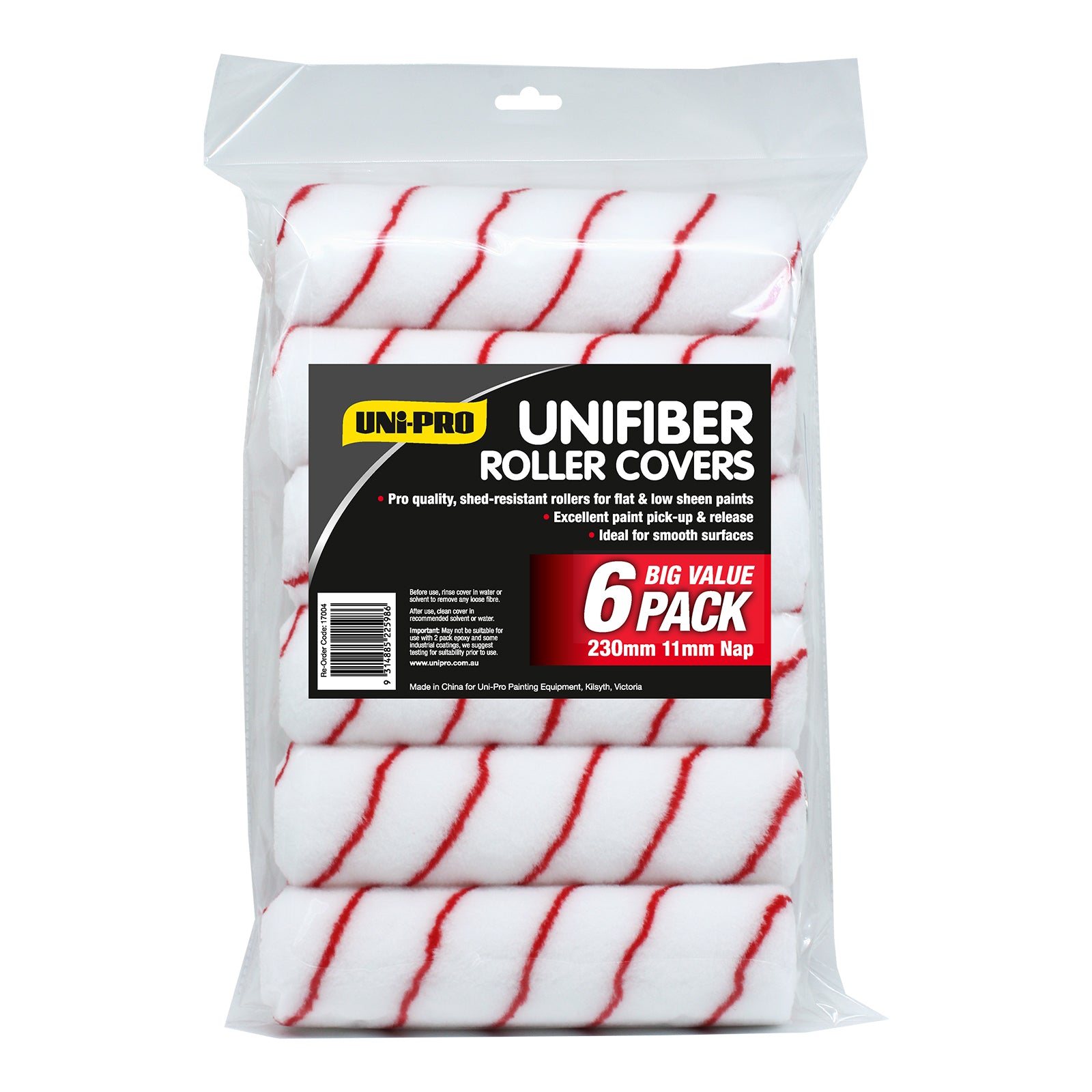 Uni-Pro 230mm 11mm Nap Unifibre Paint Roller Sleeves – 6 Pack