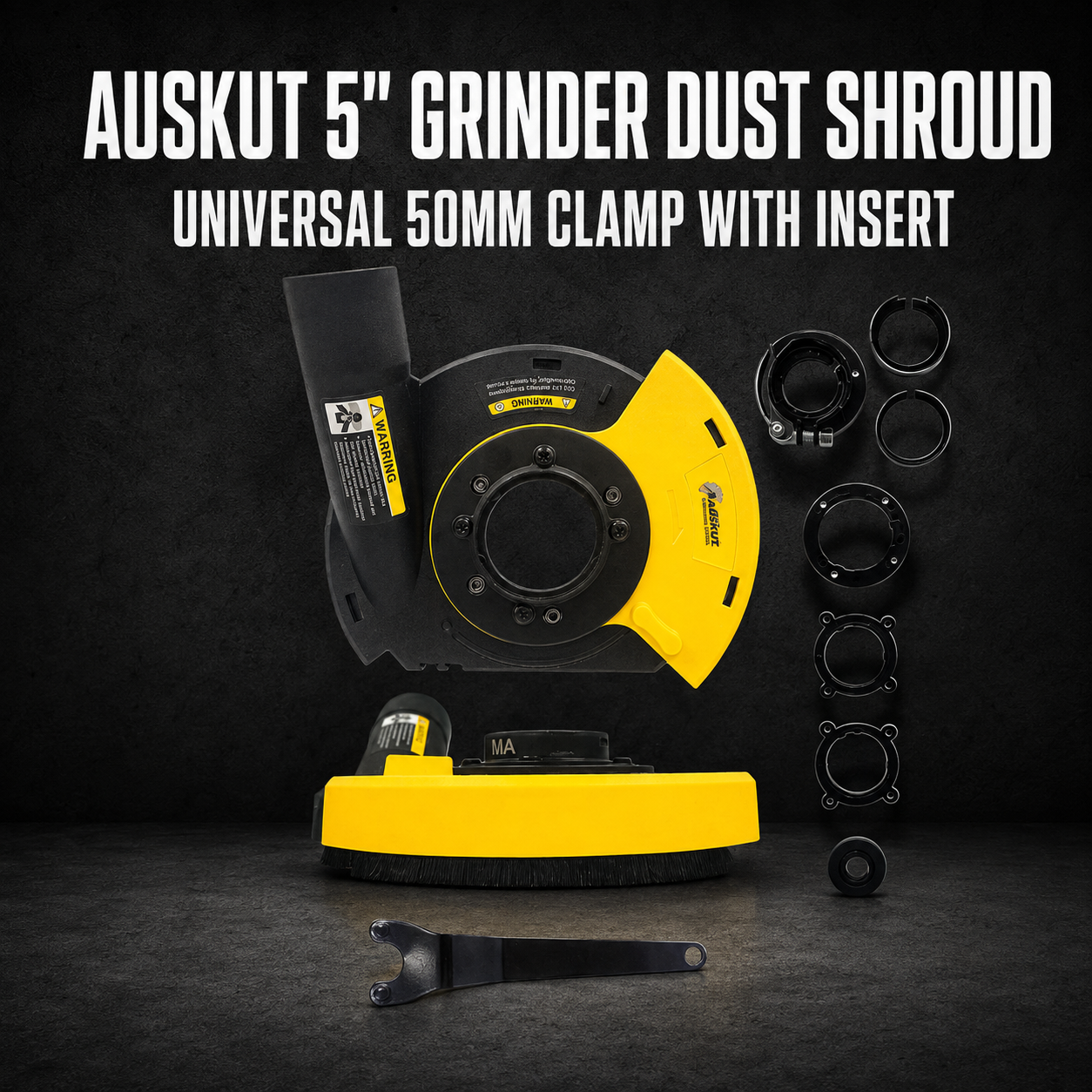 Auskut 5" Grinder Dust Shroud – Universal 50mm Clamp with Insert Collars (39–50mm)