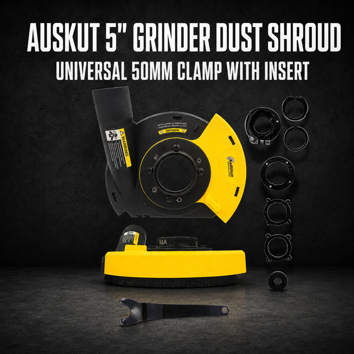 Auskut 5" Grinder Dust Shroud – Universal 50mm Clamp with Insert Collars (39–50mm)