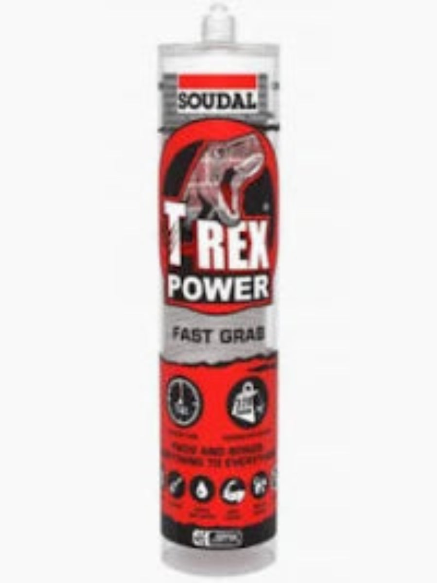 Soudal T-Rex Power Fast Grab sealant cartridge on a white background