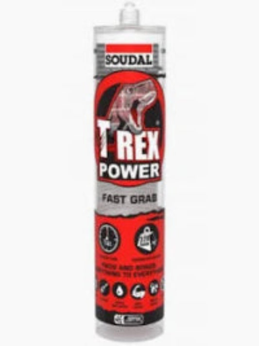 Soudal T-Rex Power Fast Grab sealant cartridge on a white background